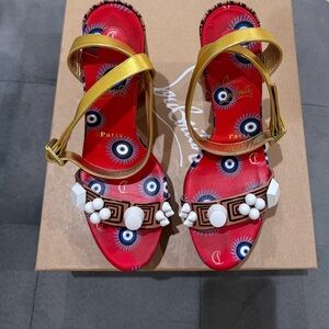 Genuine Louboutin Red Bottoms, Gold Metallic Straps,  Box & Shoe Bag incl